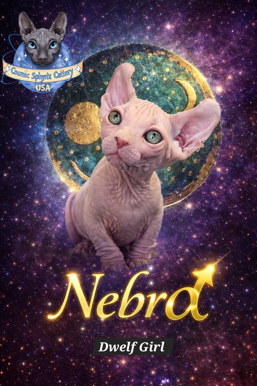 Dwelf kitten Nebra female, hairless cat, Chicago breeder Cosmic Sphynx Cattery